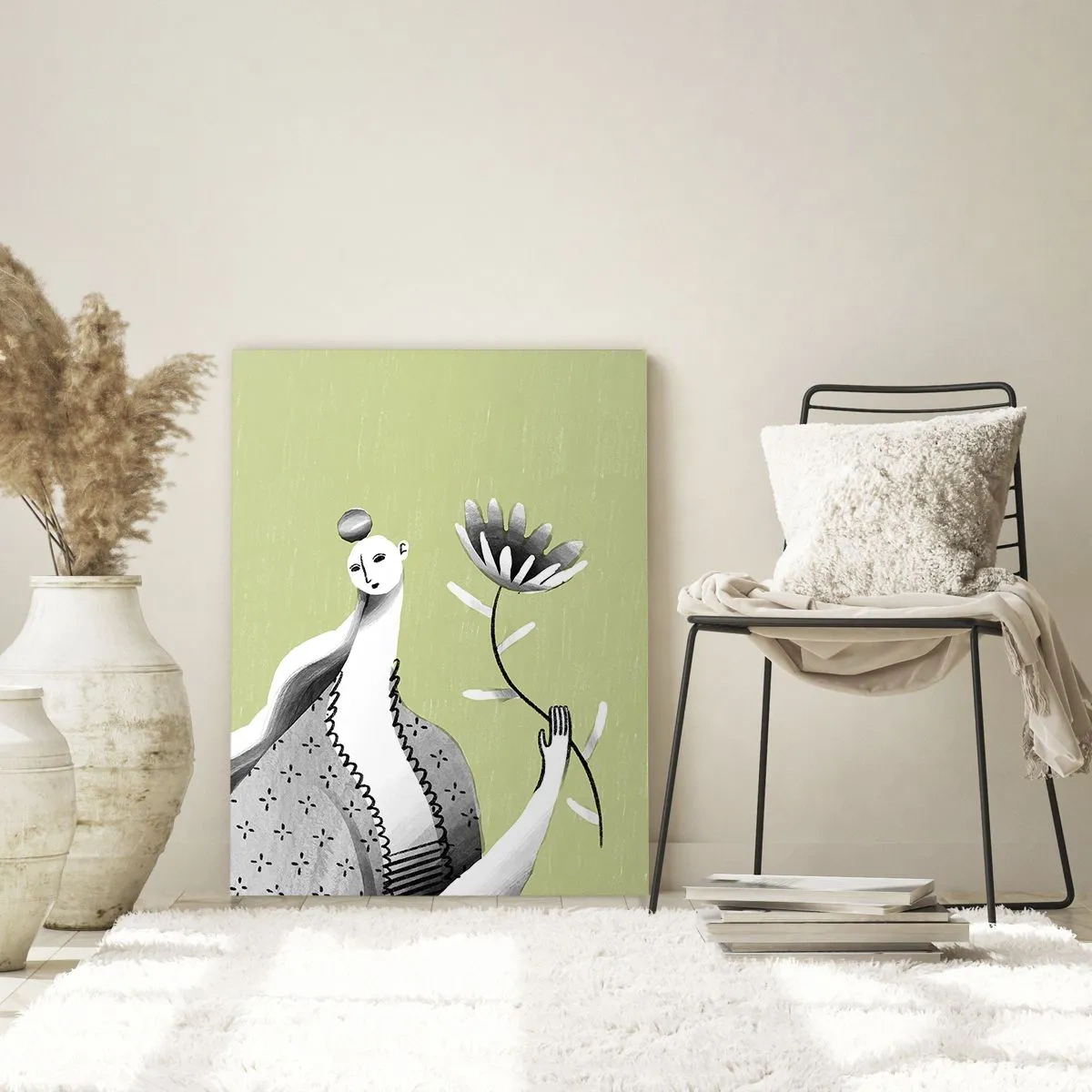 Glastavla - Bild på glas - Modernistiskt porträtt - håller i en blomma - 50x70 cm