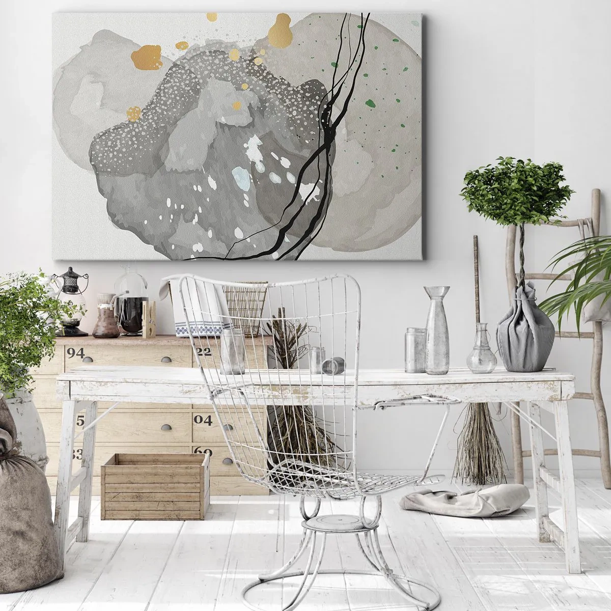 Canvastavla - Bild på duk - Organiska former i grå nyanser med accenter av svart och guld - 70x50cm - Organisk komposition - Modern väggdekoration för vardagsrum och sovrum ARTTOR
