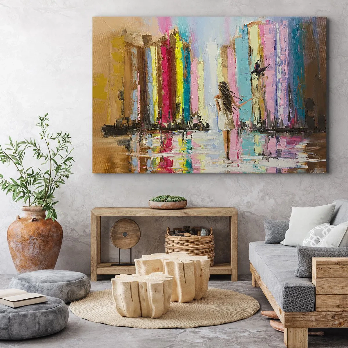 Canvastavla - Bild på duk - En färgglad stad och en kvinna i en vit klänning med en fågel - 70x50cm - Kom med mig - Modern väggdekoration för vardagsrum och sovrum ARTTOR