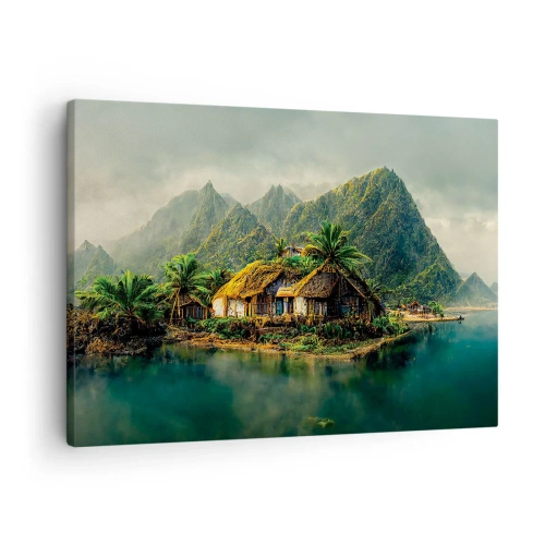 Canvastavla - Bild på duk - En tropisk ö med palmer och berg i bakgrunden - 70x50cm - Tropiskt paradis - Modern väggdekoration för vardagsrum och sovrum ARTTOR