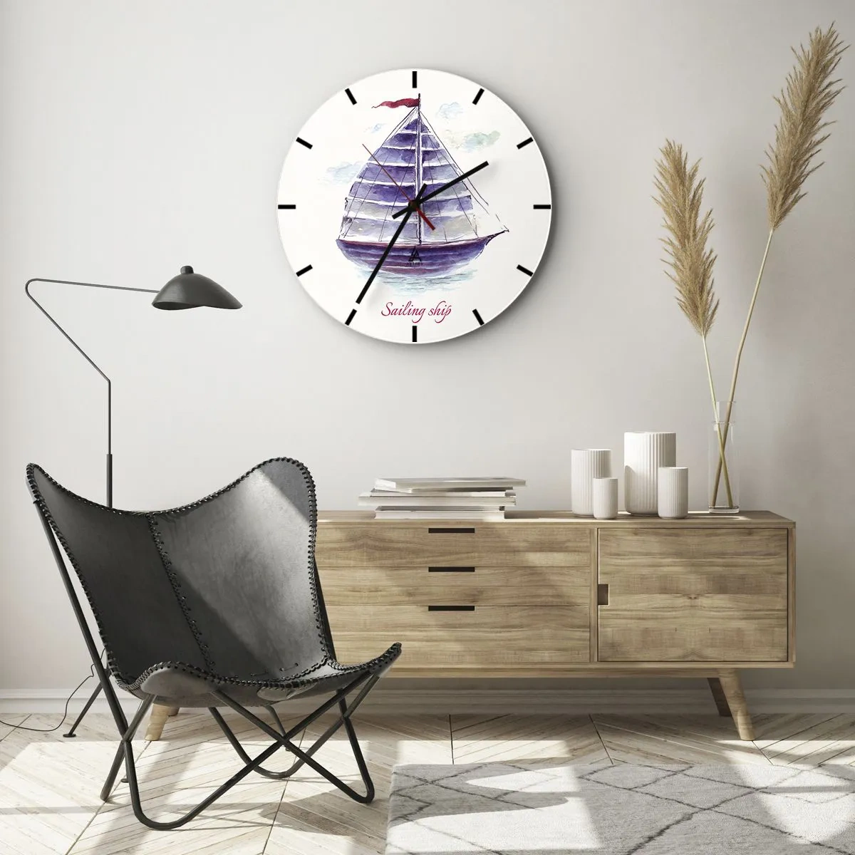 Väggklocka - Klocka på glas - Fulla seglar och lugnt vatten - 40x40 cm
