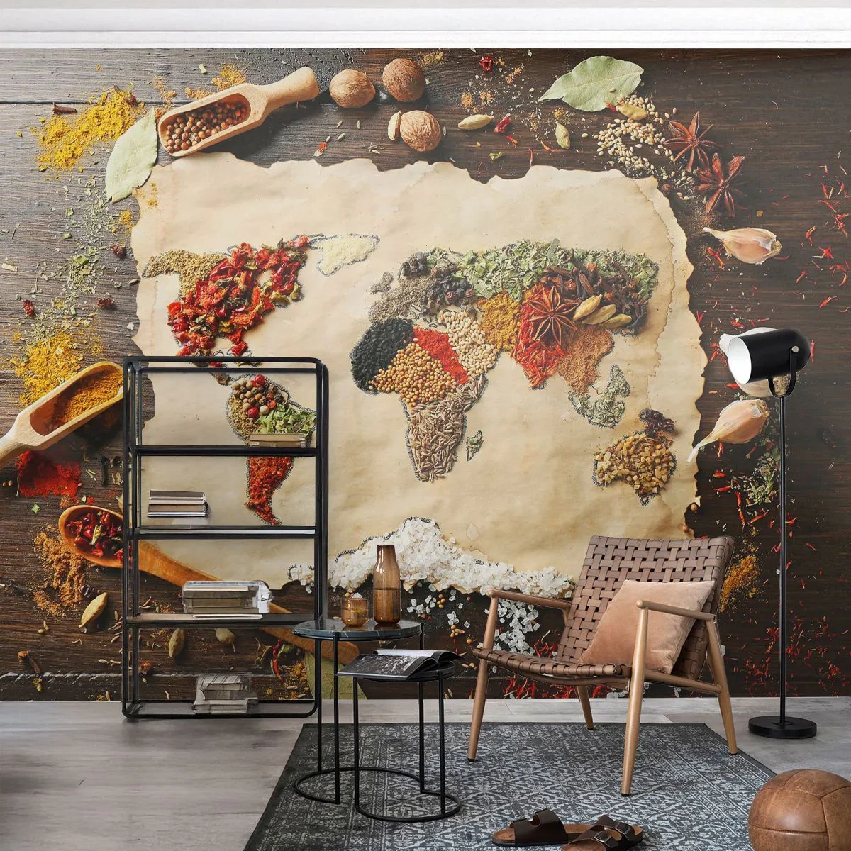 Fototapet Premium Canvas - Världens alla smaker - Gastronomi, Världskarta, Torkade kryddor - 250x175 cm