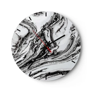 Väggklocka - Klocka på glas - Abstrakt marmormönster i svart och vitt - 30x30cm - I början var det kaos - Modern väggdekoration för vardagsrum, kök och sovrum ARTTOR
