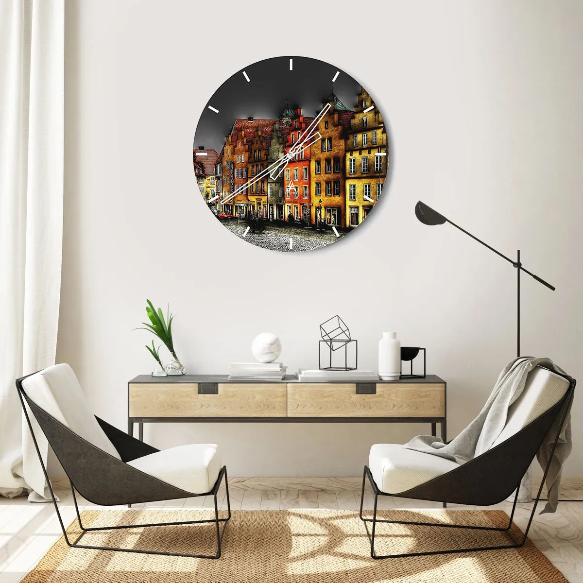 Väggklocka - Klocka på glas - Färgglada hyreshus mot den mörka himlen - 30x30cm - Det saknas bar förtrollad droska - Modern väggdekoration för vardagsrum, kök och sovrum ARTTOR