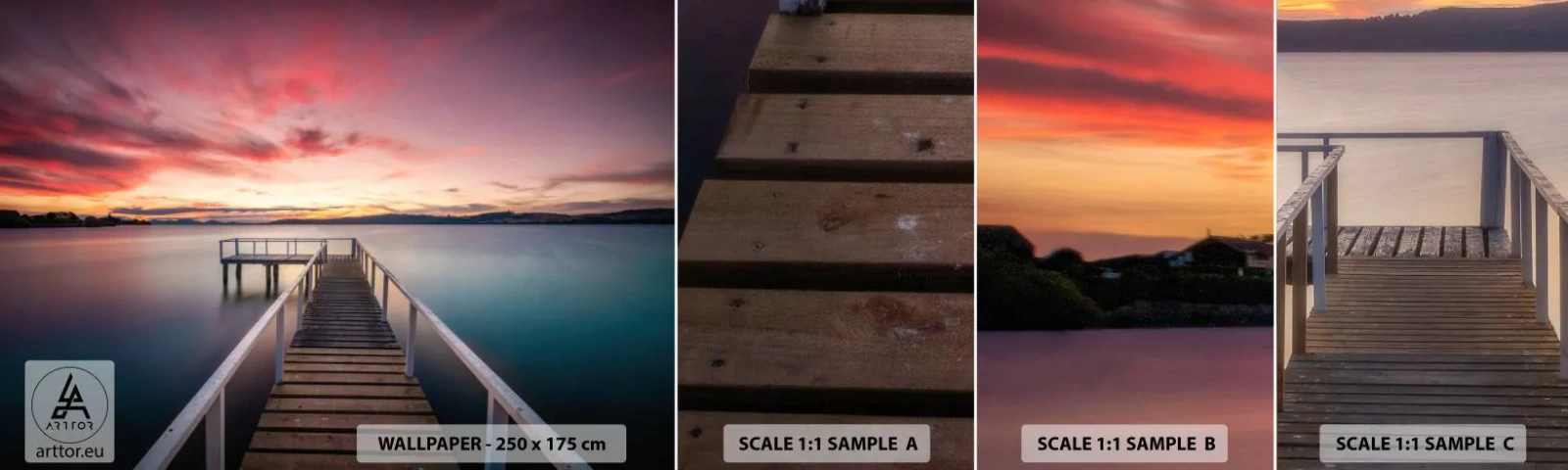 Provbit av självhäftande fototapet Deluxe Sticker - Kvällens milda låga - Landskap, Solnedgång, Träpir - 100x30 cm