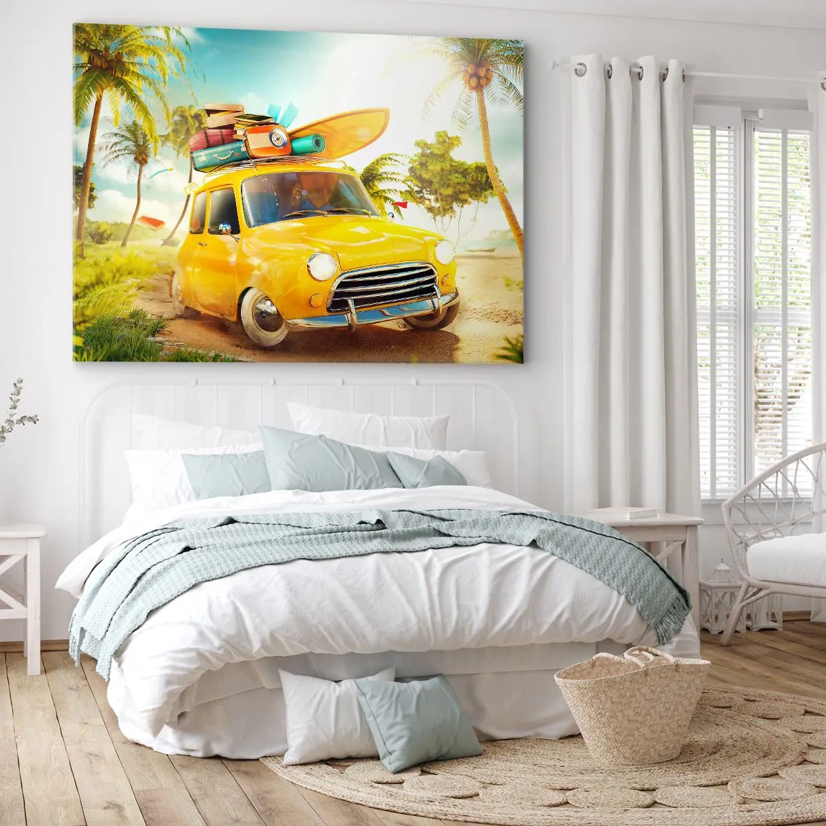 Canvastavla - Bild på duk - En gul bil med bagage mot ett tropiskt landskap - 70x50cm - Resa för flera leenden - Modern väggdekoration för vardagsrum och sovrum ARTTOR