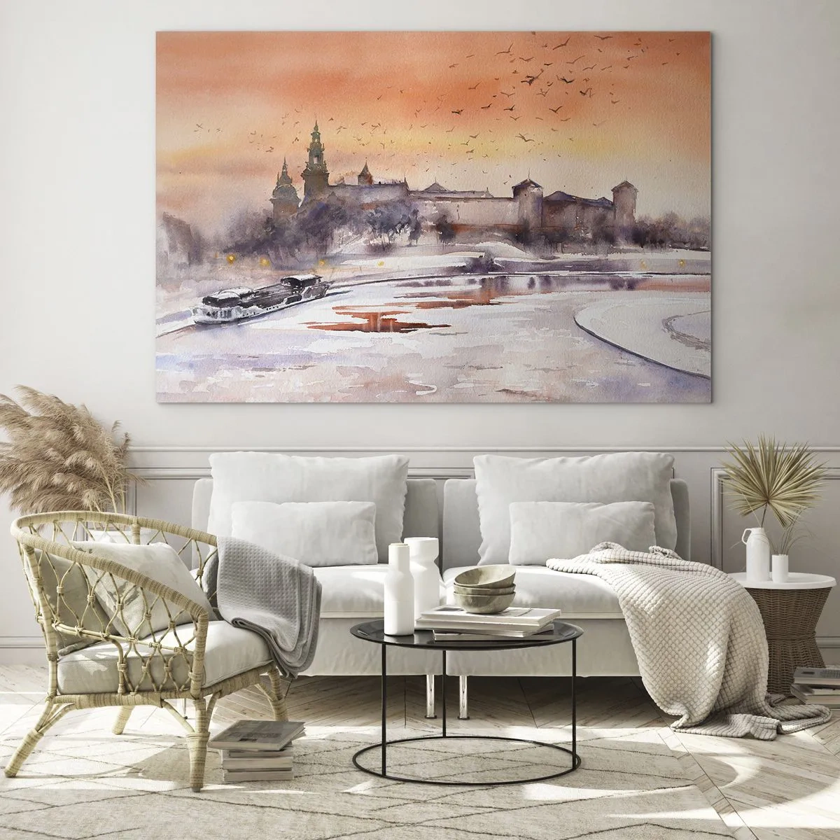 Glastavla - Bild på glas - Solnedgång över det kungliga slottet och floden på vintern - 70x50cm - Kunglig solnedgång - Modern väggdekoration för vardagsrum och sovrum ARTTOR