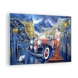 Glastavla - Bild på glas - En kvinna i en elegant klänning bredvid en klassisk bil - 70x50cm - Nocturne i blått och korall - Modern väggdekoration för vardagsrum och sovrum ARTTOR