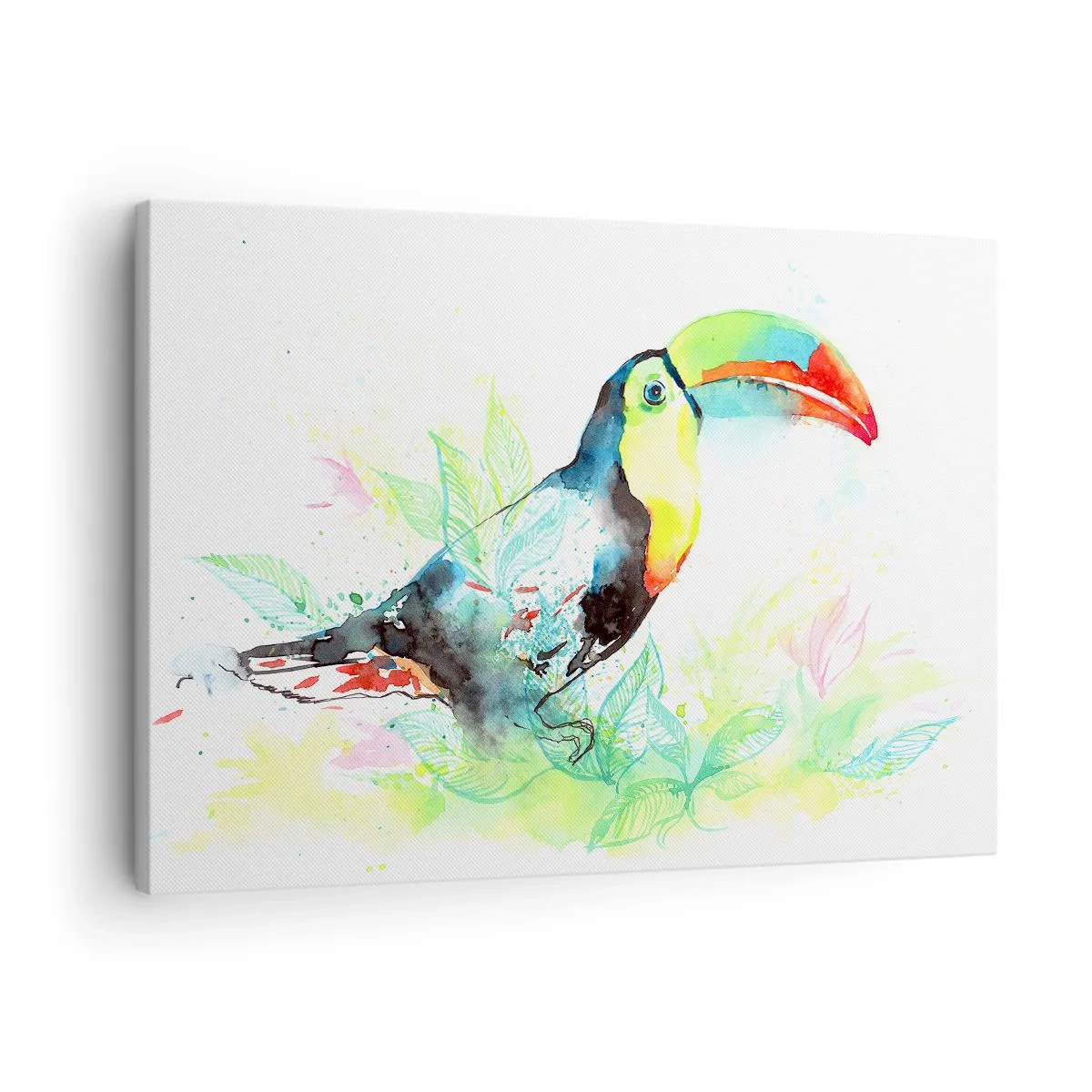 Canvastavla - Bild på duk - Akvarell illustration av en tukan på en tropisk bakgrund - 70x50cm - Färgglad som Sydamerika - Modern väggdekoration för vardagsrum och sovrum ARTTOR