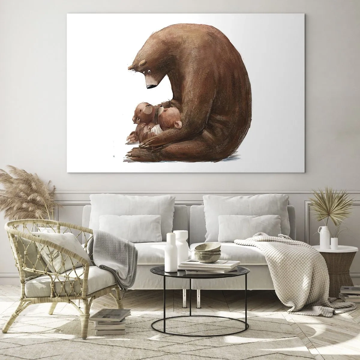 Glastavla - Bild på glas - En björnmamma kramar två små björnungar - 70x50cm - Söta drömmar, barn - Modern väggdekoration för vardagsrum och sovrum ARTTOR