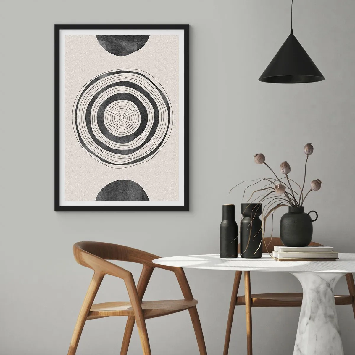 Affisch i svart ram - En minimalistisk komposition av geometriska cirklar - 50x70cm - De viktiga sakerna däremellan - Modern väggdekoration för vardagsrum och sovrum ARTTOR