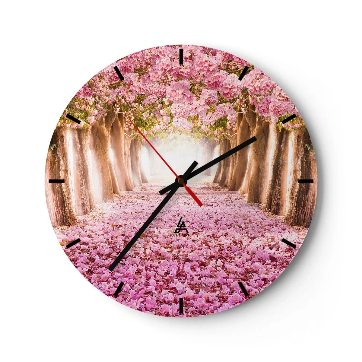 Väggklocka - Klocka på glas - En allé med blommande körsbärsträd - 30x30cm - Vägen till paradiset - Modern väggdekoration för vardagsrum, kök och sovrum ARTTOR