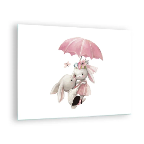 Glastavla - Bild på glas - Två kaniner under ett rosa paraply i en romantisk scen - 70x50cm - Det är just kärlek - Modern väggdekoration för vardagsrum och sovrum ARTTOR