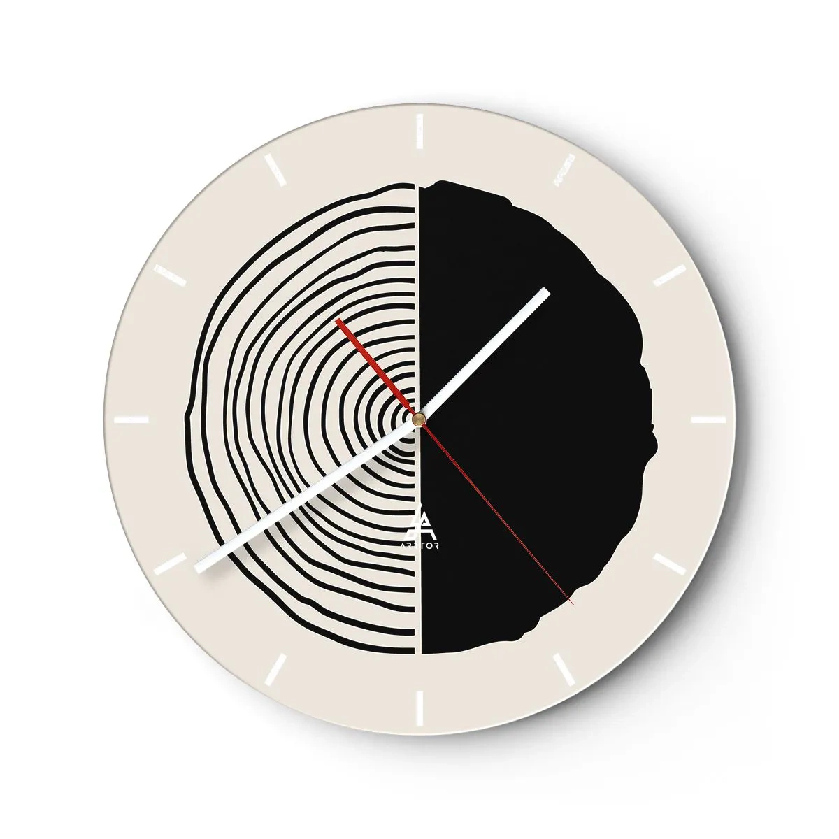 Väggklocka - Klocka på glas - Ett minimalistiskt motiv av ett tvärsnitt av en stam i kontrasterande färger - 30x30cm - Hälften hälften - Modern väggdekoration för vardagsrum, kök och sovrum ARTTOR