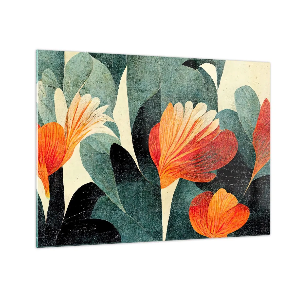 Glastavla - Bild på glas - Orange blommor mot en bakgrund av mörkgröna blad - 70x50cm - Värmen i tropikerna och svalkan i grönskan - Modern väggdekoration för vardagsrum och sovrum ARTTOR
