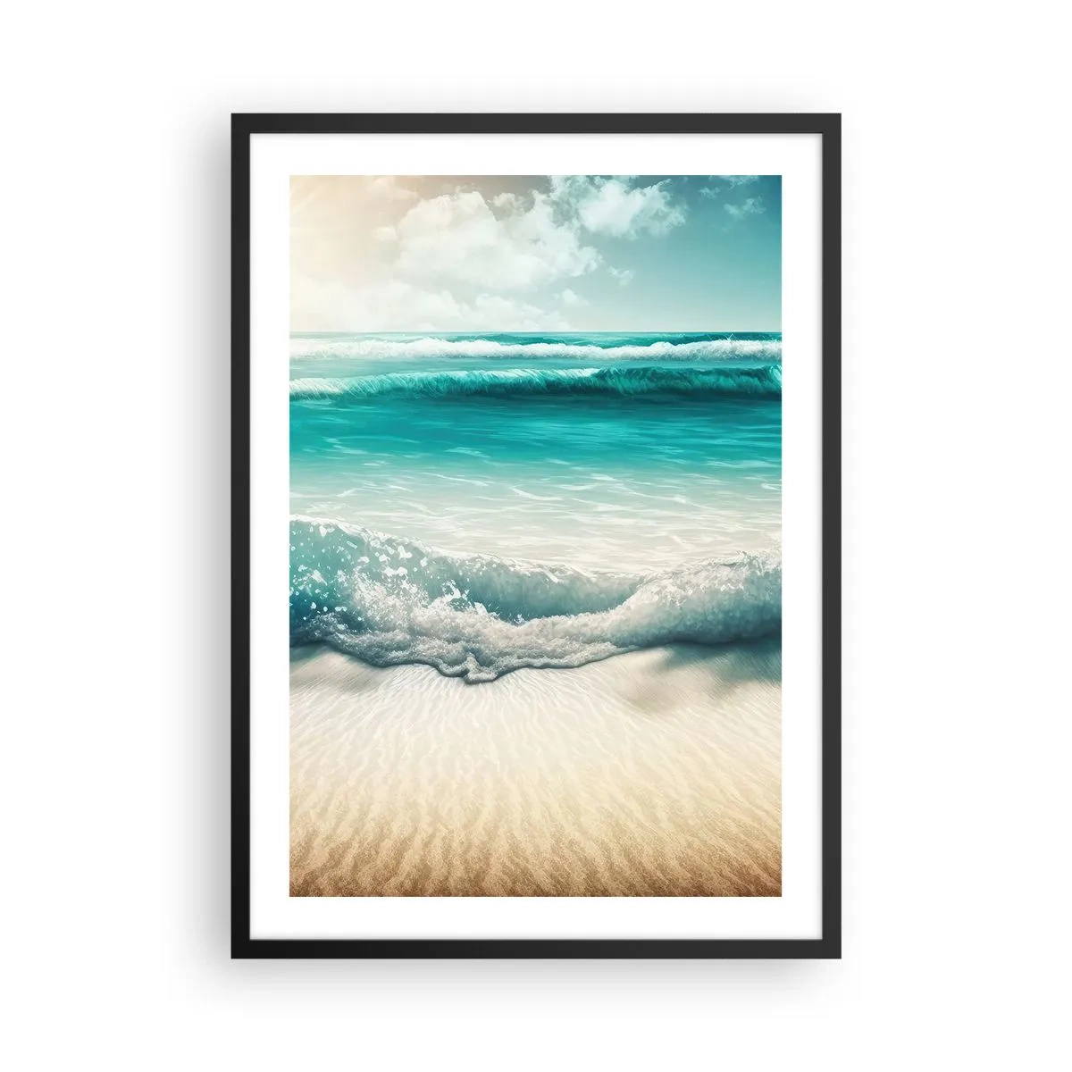 Affisch i svart ram - Turkosa vågor som slår mot den gyllene sanden på stranden - 50x70cm - Lugnet i havet - Modern väggdekoration för vardagsrum och sovrum ARTTOR
