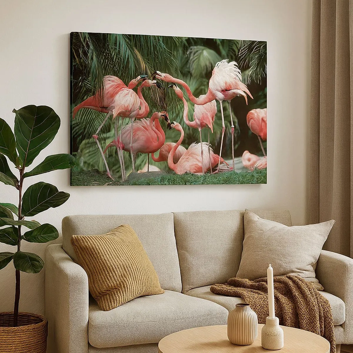 Canvastavla - Bild på duk - En grupp flamingos i en tropisk miljö omgiven av palmer - 70x50cm - Eftermiddags skvaller - Modern väggdekoration för vardagsrum och sovrum ARTTOR