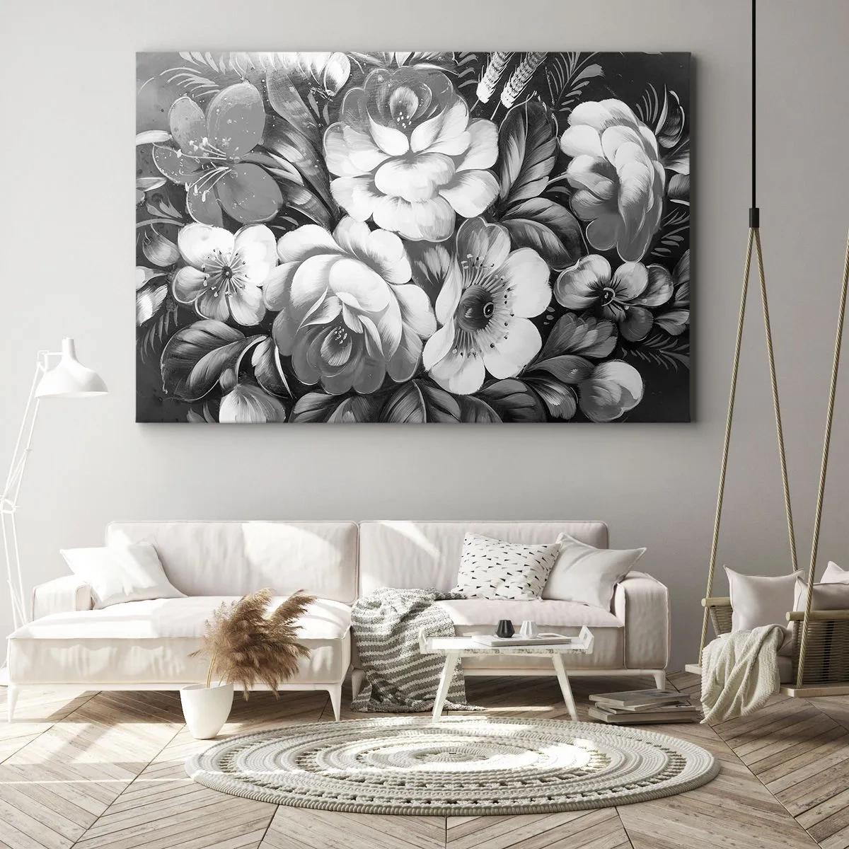 Canvastavla - Bild på duk - Svartvita blommor i en klassisk och elegant komposition - 70x50cm - Vackra även i gråskala - Modern väggdekoration för vardagsrum och sovrum ARTTOR