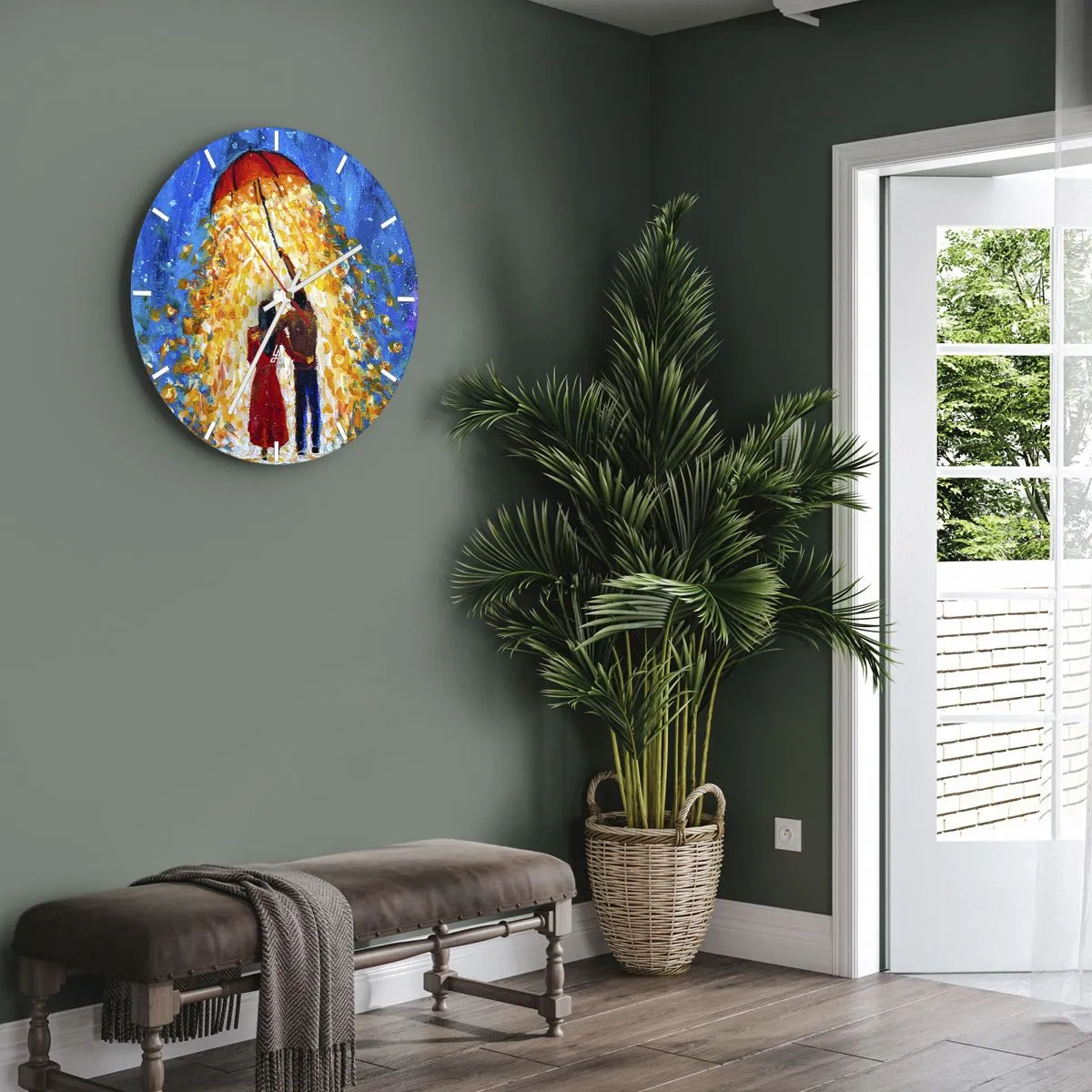 Väggklocka - Klocka på glas - Ett par under ett rött paraply i en lysande färgdusch - 30x30cm - Magi på en regnig kväll? - Modern väggdekoration för vardagsrum, kök och sovrum ARTTOR