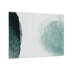 Glastavla - Bild på glas - Gröna abstrakta former på en ljus bakgrund som liknar dimma - 70x50cm - Ett möte med dimma - Modern väggdekoration för vardagsrum och sovrum ARTTOR