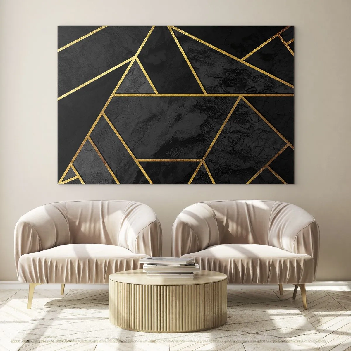 Glastavla - Bild på glas - Svart och guld geometrisk komposition på en marmorbakgrund - 70x50cm - Mörker och sken - Modern väggdekoration för vardagsrum och sovrum ARTTOR