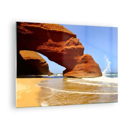 Glastavla - Bild på glas - Röda klippvalv över stranden och havet - 70x50cm - Vatten och vind i tusentals år - Modern väggdekoration för vardagsrum och sovrum ARTTOR