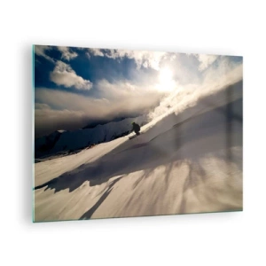 Glastavla - Bild på glas - En skidåkare glider nerför en backe i vintersolens ljus - 70x50cm - Fjällutmaningen accepterad - Modern väggdekoration för vardagsrum och sovrum ARTTOR