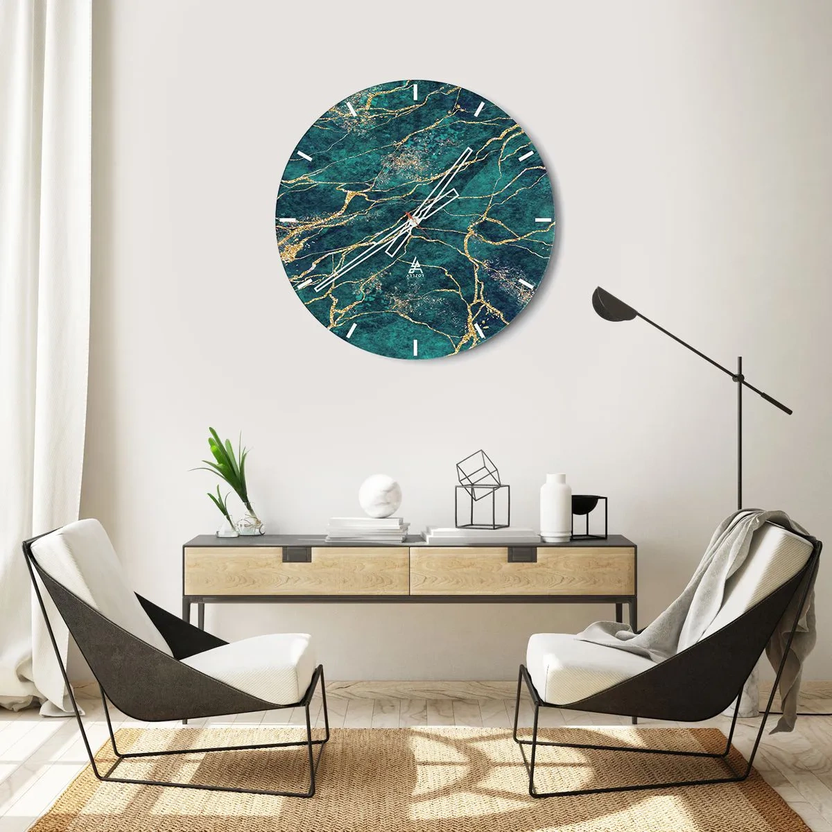 Väggklocka - Klocka på glas - Ett grönt och guldmönster som liknar ett mineral med guldådror - 30x30cm - Guldåder - Modern väggdekoration för vardagsrum, kök och sovrum ARTTOR