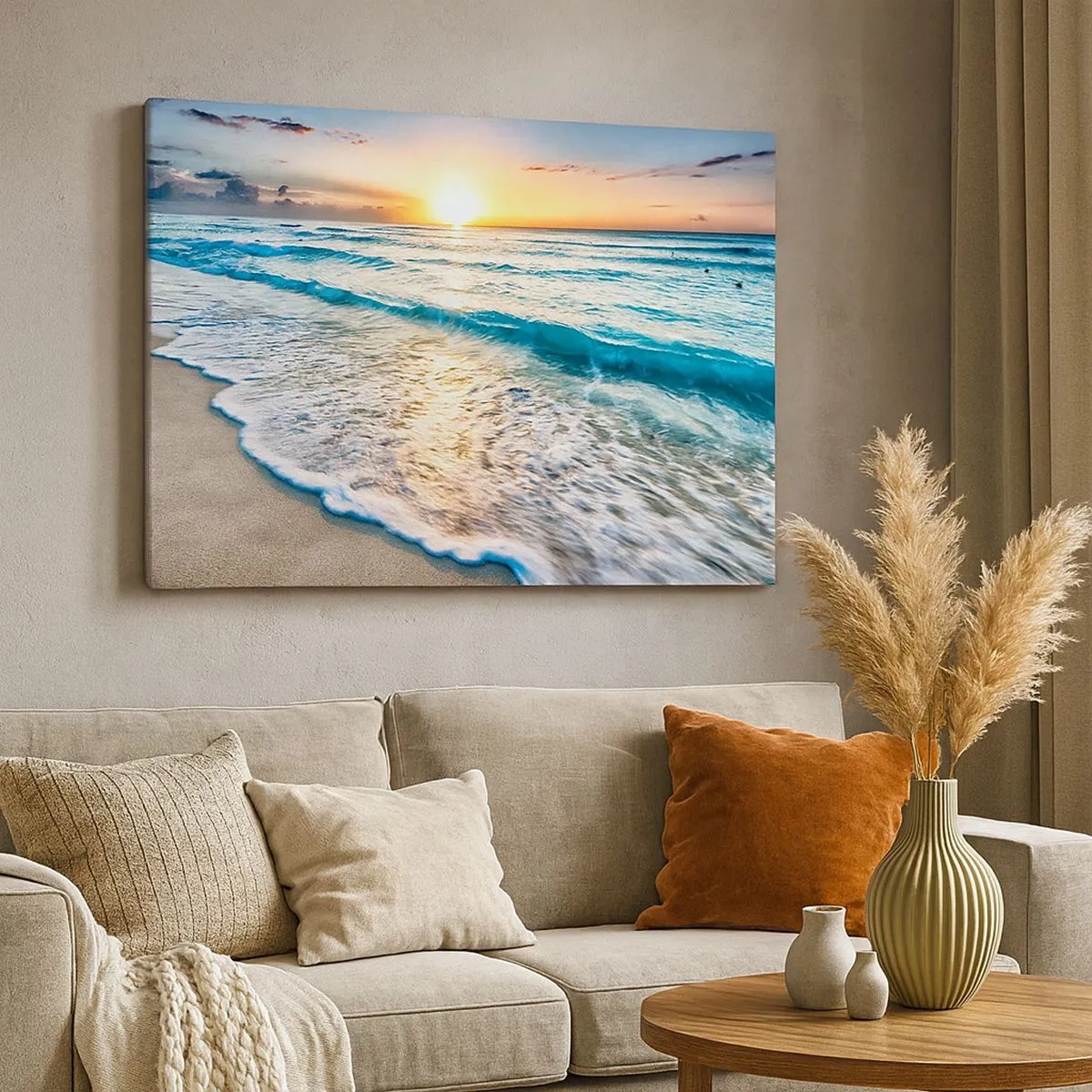 Canvastavla - Bild på duk - Soluppgång över en lugn strand med vågor - 70x50cm - Vy värd besväret - Modern väggdekoration för vardagsrum och sovrum ARTTOR
