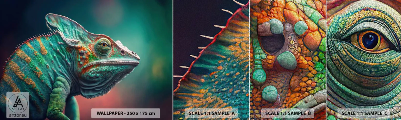 Provbit av fototapet Premium Sand - Ser du mig? Inte bra… - Kameleont, Djur, Reptil - 100x30 cm