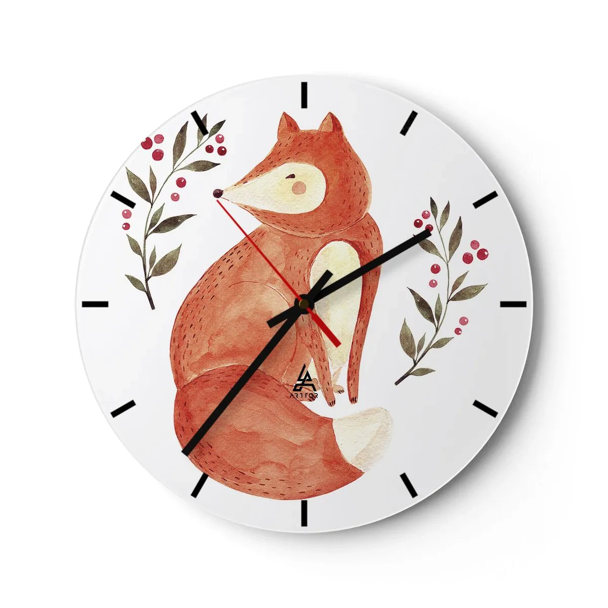 Väggklocka - Klocka på glas - Illustration av en rödräv omgiven av kvistar med bär - 30x30cm - Liten rödhårig - Modern väggdekoration för vardagsrum, kök och sovrum ARTTOR