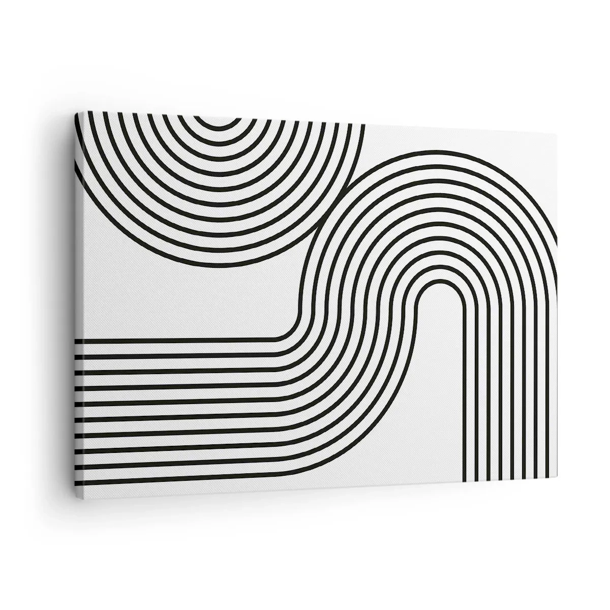 Canvastavla - Bild på duk - En abstrakt målning med svarta linjer som skapar geometriska mönster mot en vit bakgrund. - 70x50cm - På en kurva - Modern väggdekoration för vardagsrum och sovrum ARTTOR