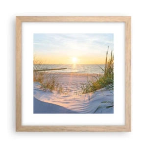 Affisch i ram av ljusek - Havets brus, fågelsång, tom strand bland träden - 30x30 cm