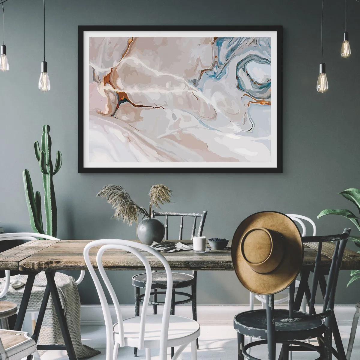Affisch i svart ram - Blåa meanderlopp under vithet - 70x50 cm