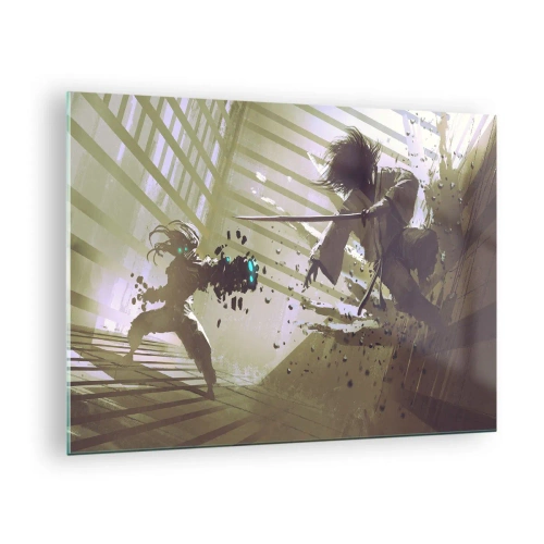 Glastavla - Bild på glas - Samurajduell i en dynamisk scen - 70x50cm - Du kan också bli samuraj - Modern väggdekoration för vardagsrum och sovrum ARTTOR