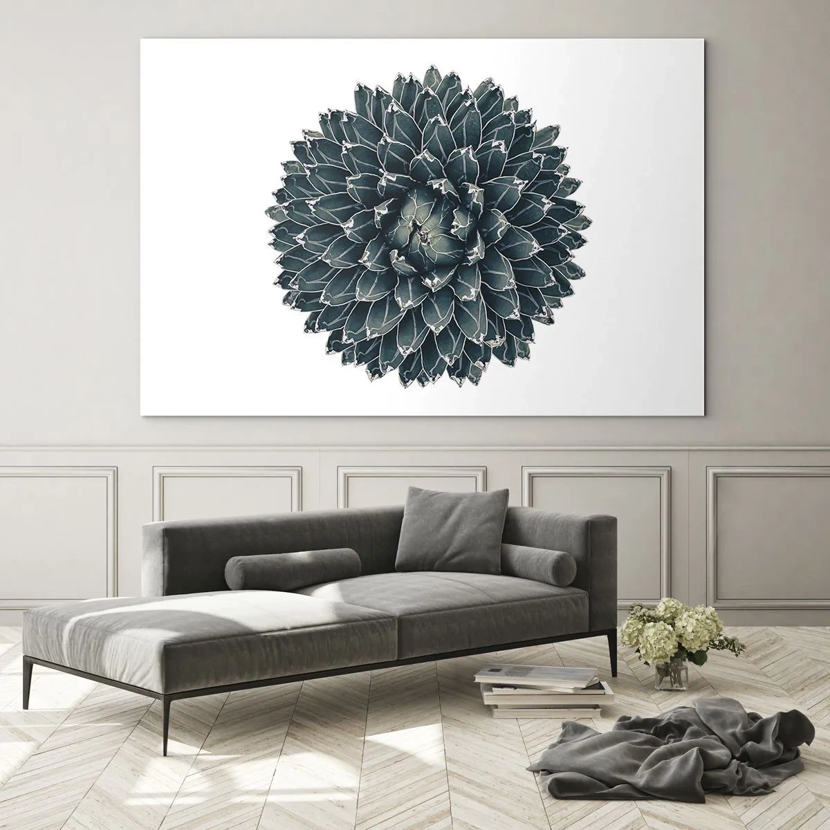 Glastavla - Bild på glas - Symmetriskt mönster av suckulent växt på vit bakgrund - 70x50cm - Öknens stjärna - Modern väggdekoration för vardagsrum och sovrum ARTTOR
