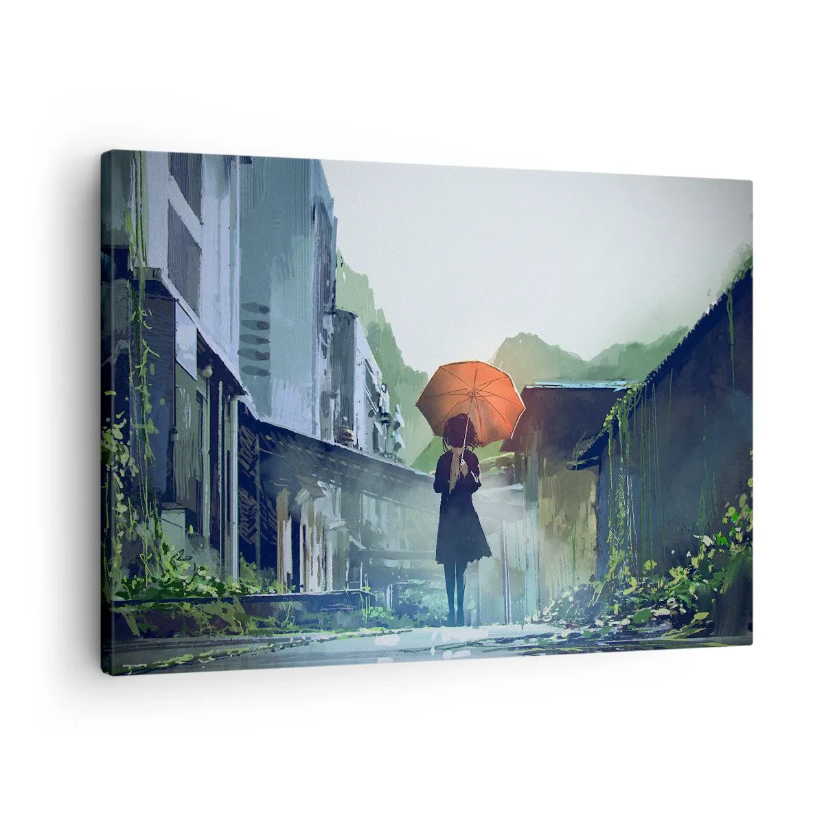 Canvastavla - Bild på duk - En figur med ett paraply i en regnig stad - 70x50cm - Uppfriskande regn - Modern väggdekoration för vardagsrum och sovrum ARTTOR
