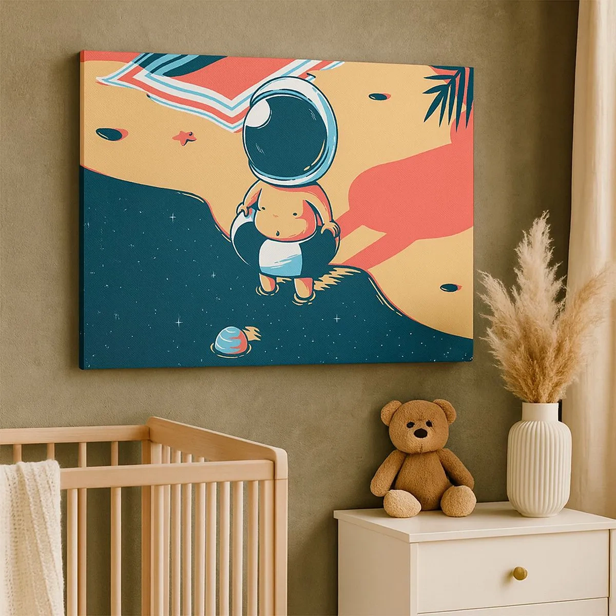 Canvastavla - Bild på duk - Rolig astronaut på stranden med rymdelement i bakgrunden - 70x50cm - Ur ett annat perspektiv - Modern väggdekoration för vardagsrum och sovrum ARTTOR