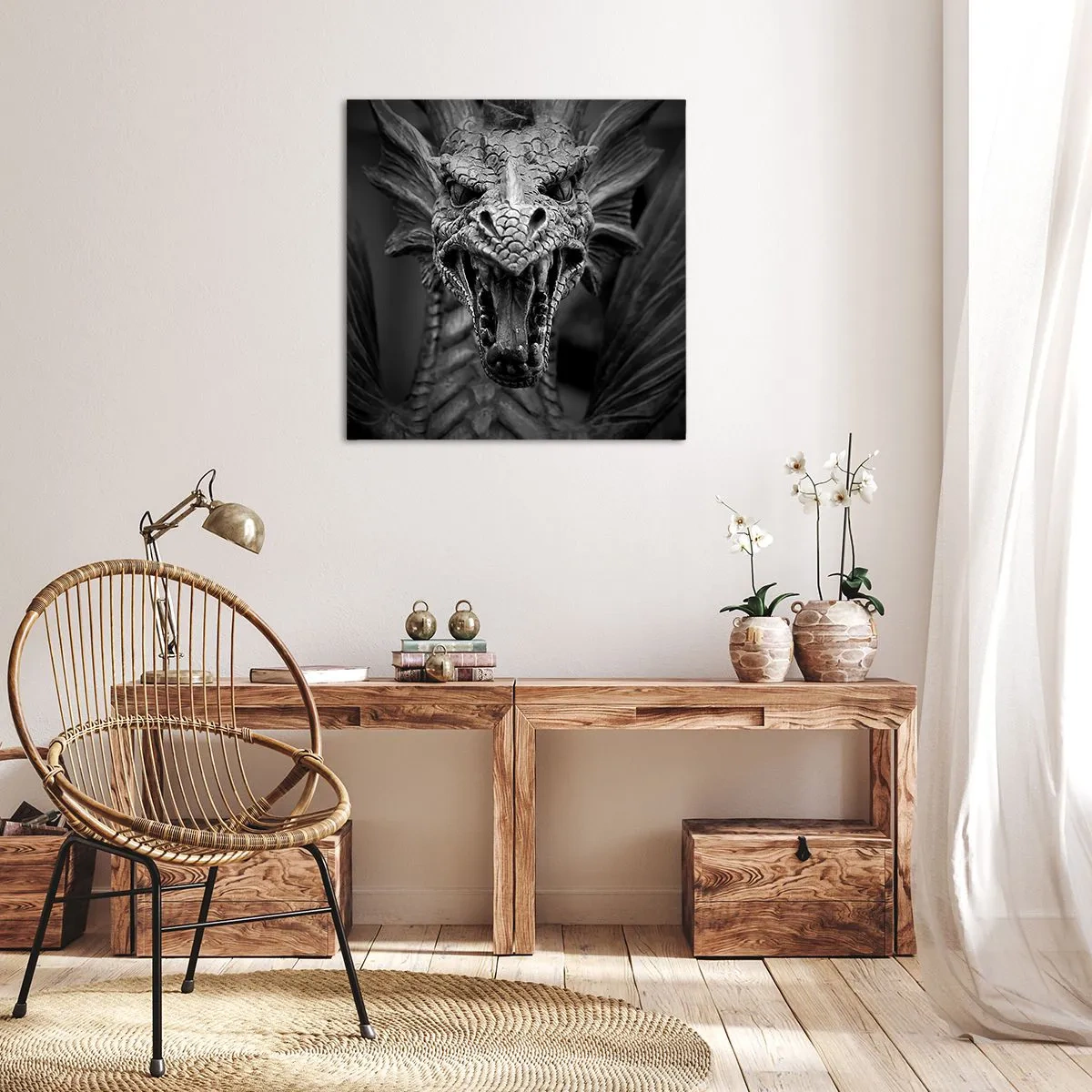 Canvastavla - Bild på duk - En sagodrake i grånyans - 30x30 cm