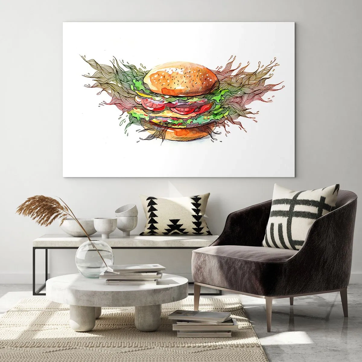 Glastavla - Bild på glas - Konstnärlig teckning av en hamburgare med akvarelldetaljer - 70x50cm - Het frestelse - Modern väggdekoration för vardagsrum och sovrum ARTTOR