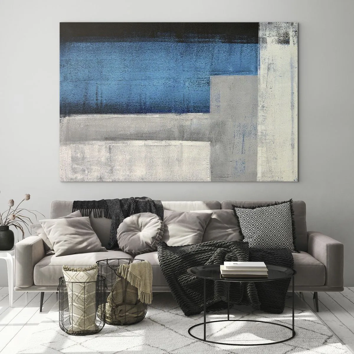 Glastavla - Bild på glas - Geometrisk abstraktion i blått, grått och vitt - 70x50cm - Poetisk komposition av grått och blått - Modern väggdekoration för vardagsrum och sovrum ARTTOR