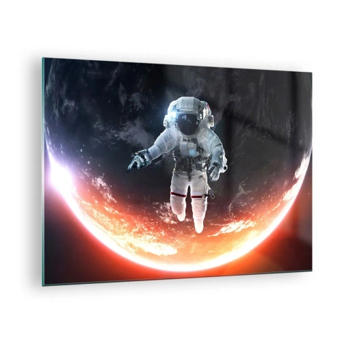 Glastavla - Bild på glas - Astronaut i rymden med en planet i bakgrunden - 70x50cm - Får jag stanna en stund till? - Modern väggdekoration för vardagsrum och sovrum ARTTOR