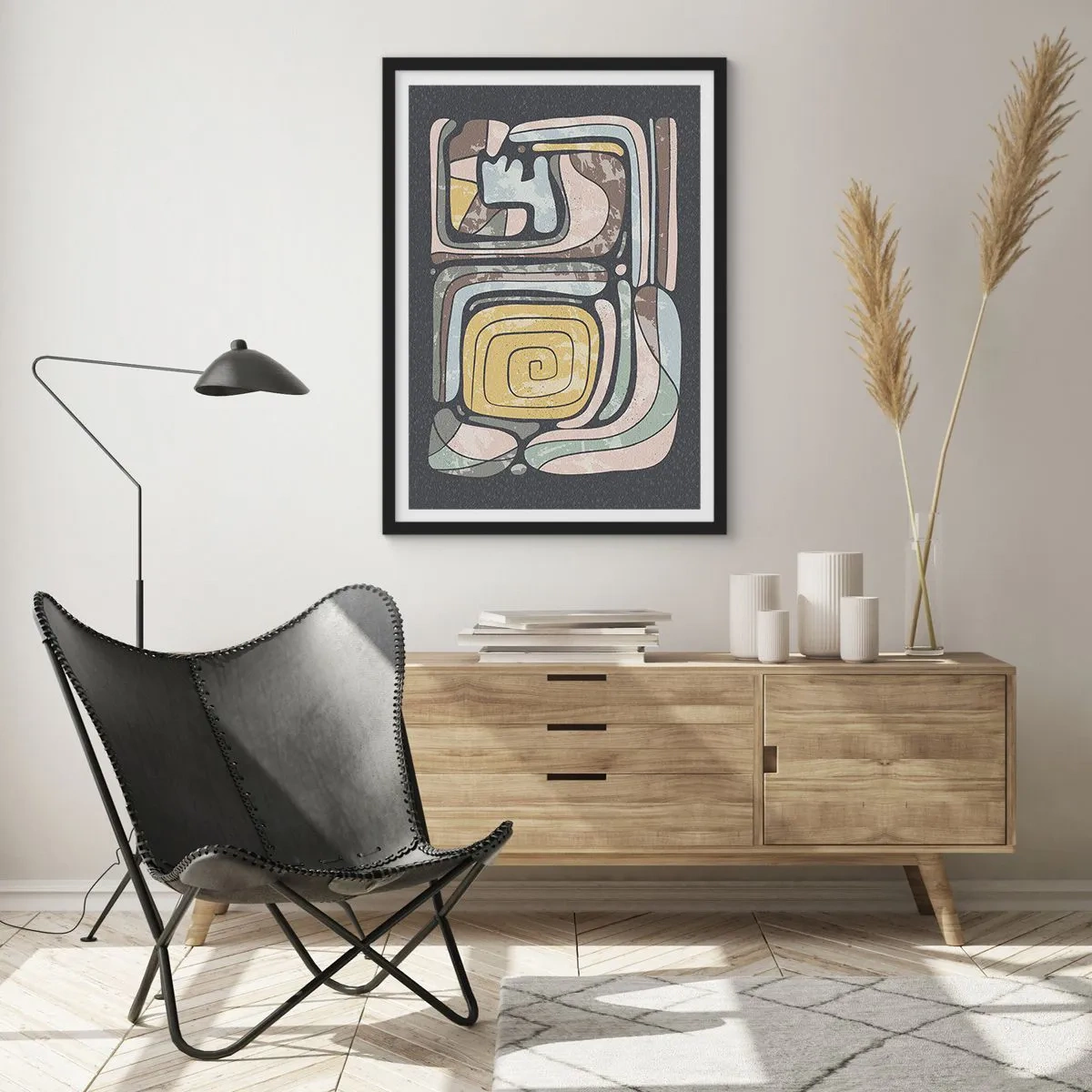 Affisch i svart ram - Abstrakt konstverk med geometriska mönster i jordnära toner - 50x70cm - Abstraktion i en förcolumbiansk anda - Modern väggdekoration för vardagsrum och sovrum ARTTOR