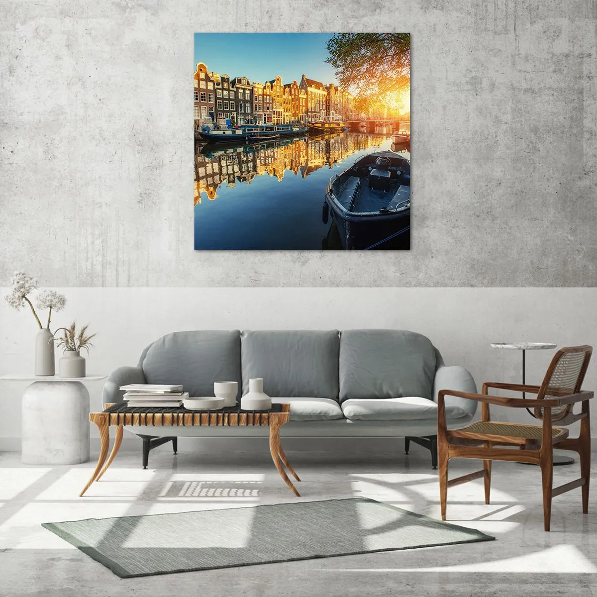 Glastavla - Bild på glas - En morgon i Amsterdam - 40x40 cm