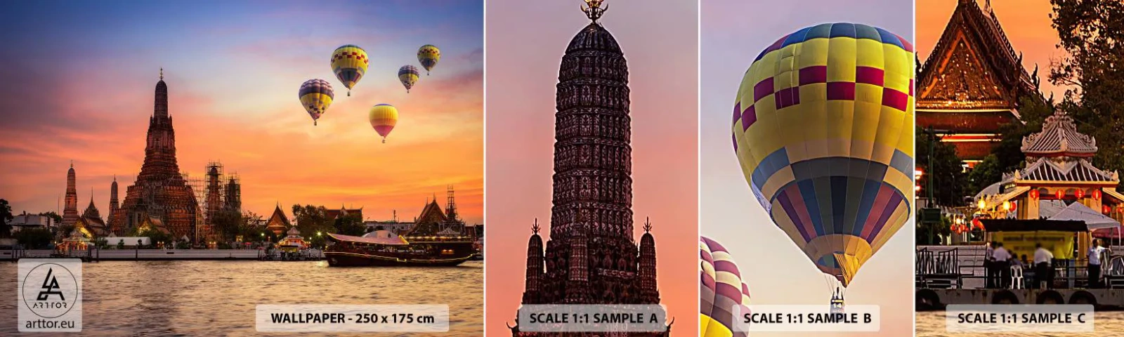 Provbit av självhäftande fototapet Deluxe Sticker - Här föds sagor - Bangkok, Gryningens tempel, Thailand - 100x30 cm