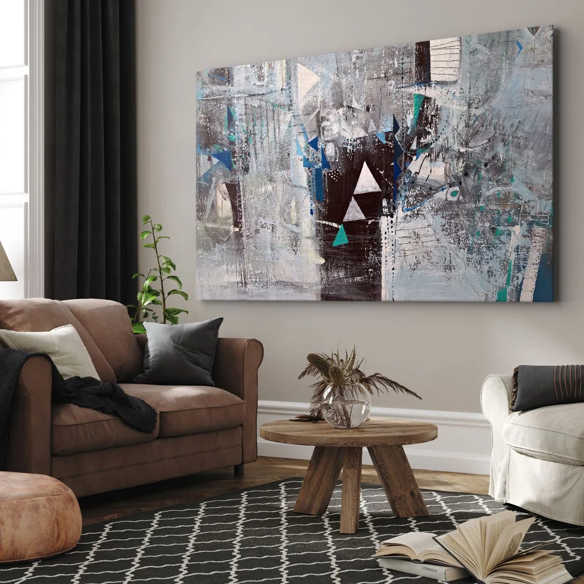 Canvastavla - Bild på duk - Abstrakt komposition med trianglar och geometriska mönster - 70x50cm - Trianglarnas överordnade ordning - Modern väggdekoration för vardagsrum och sovrum ARTTOR