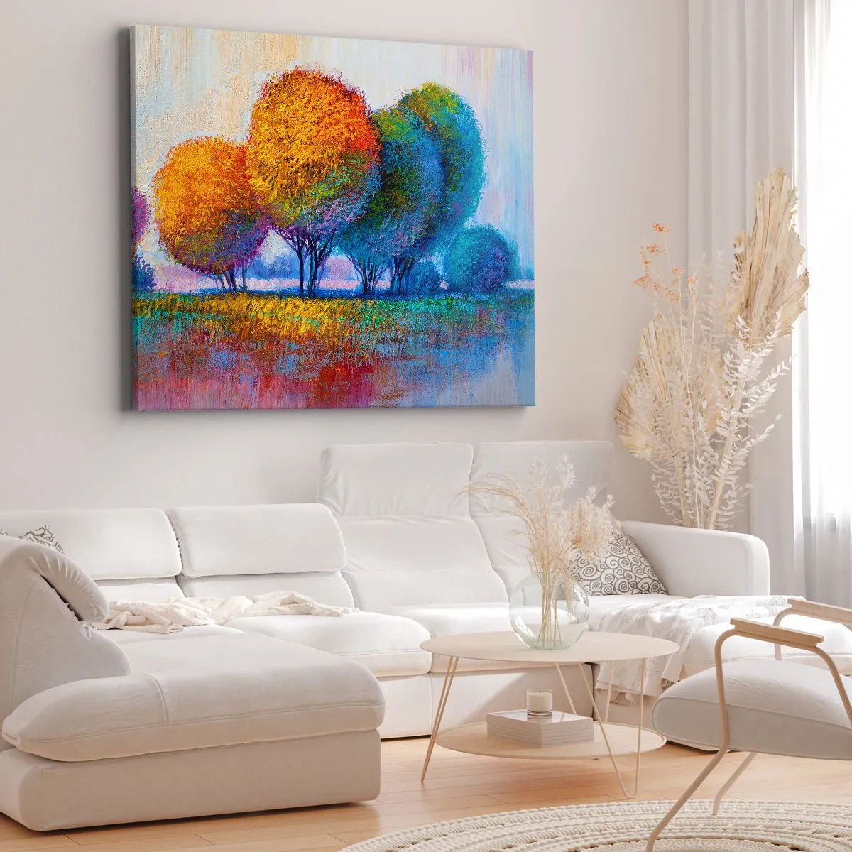 Canvastavla - Bild på duk - Färgglada träd i ett impressionistiskt landskap - 70x50cm - Glad färgbukett - Modern väggdekoration för vardagsrum och sovrum ARTTOR