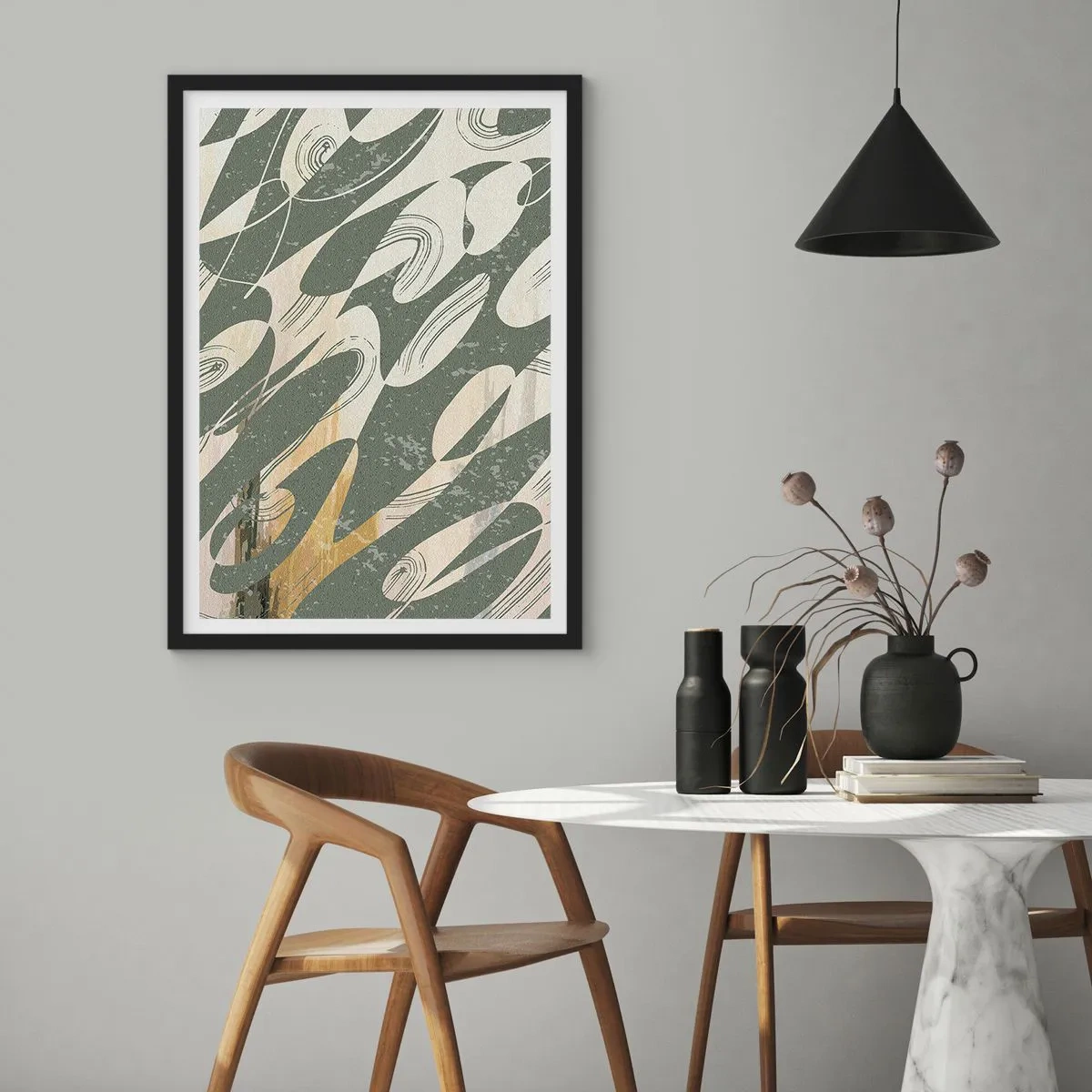 Affisch i svart ram - En abstrakt komposition av organiska former i grönt och beige. - 50x70cm - Rytmisk abstraktion - Modern väggdekoration för vardagsrum och sovrum ARTTOR