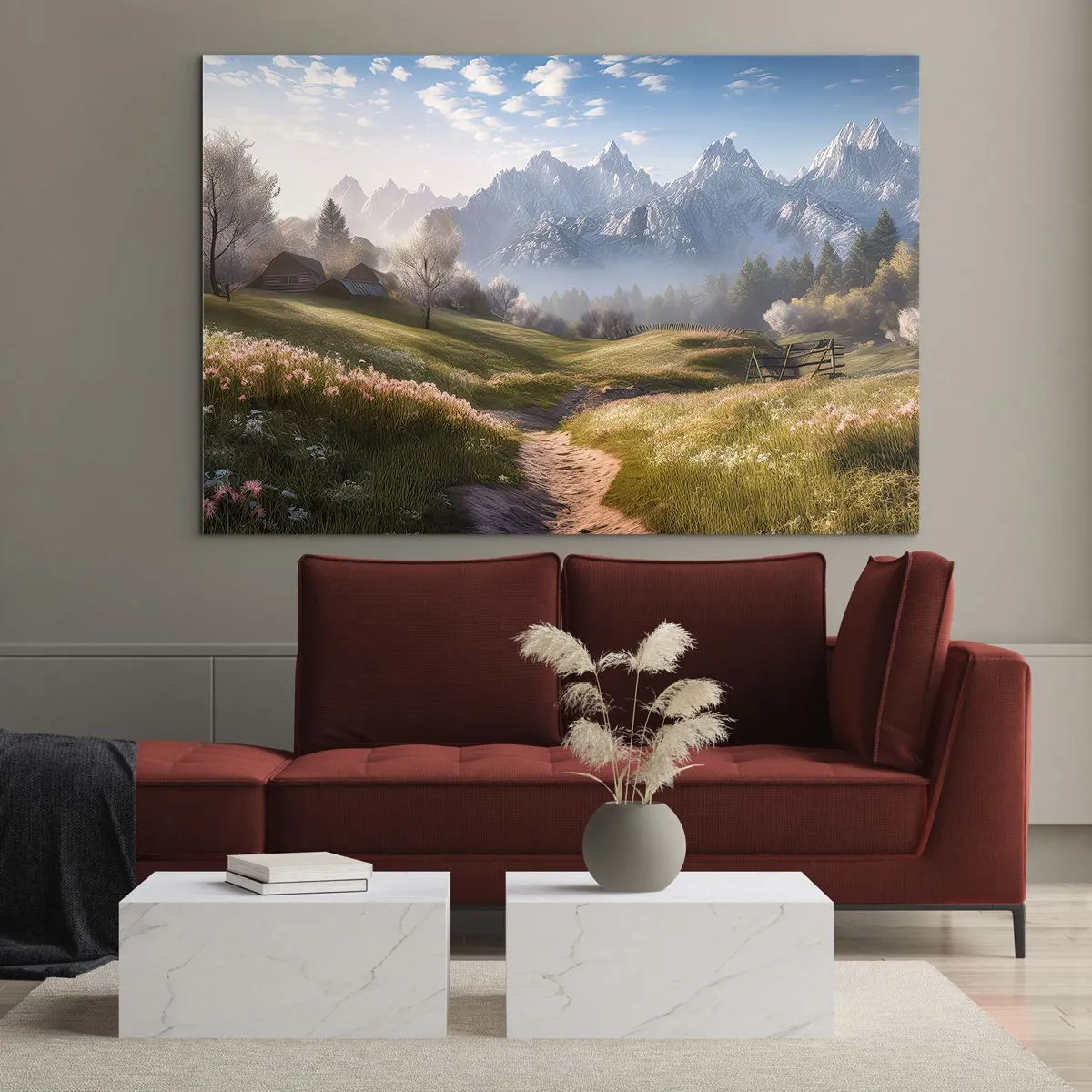 Glastavla - Bild på glas - Vårlandskap med en dal, blommor och berg i bakgrunden på morgonen - 70x50cm - Idyllisk dal - Modern väggdekoration för vardagsrum och sovrum ARTTOR