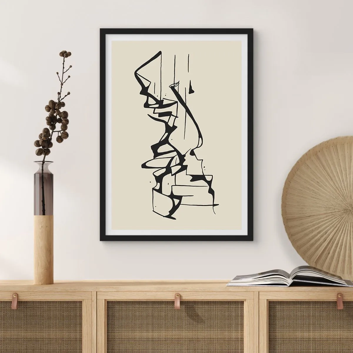 Affisch i svart ram - Abstrakt svartvit komposition av linjer och former - 50x70cm - Kanske ett landskap - Modern väggdekoration för vardagsrum och sovrum ARTTOR